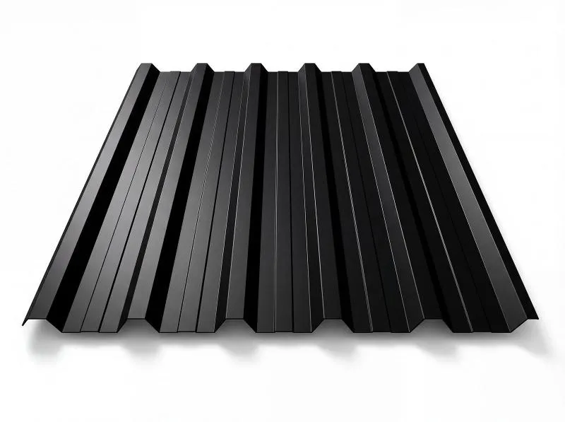 Freigestelltes Trapezblech T-35DR in RAL 9005 Tiefschwarz, mattschwarze Beschichtung, perspektivische Draufsicht auf weißem Hintergrund